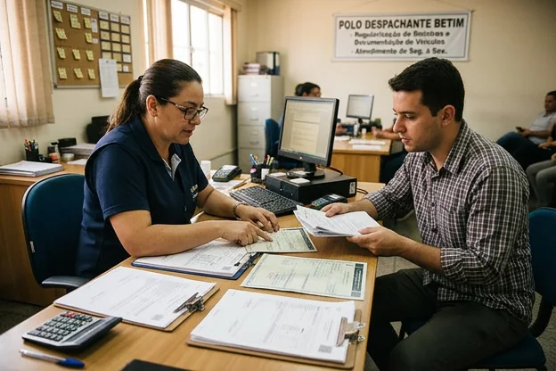 Atendente assistindo cliente na regularização de veículo com sinistro.