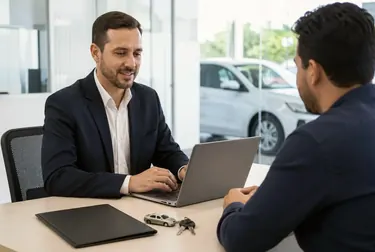 Despachante ajudando cliente com documentos para licenciamento.