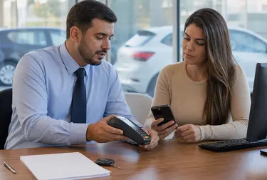 Profissional ajudando cliente a realizar pagamento de débitos.