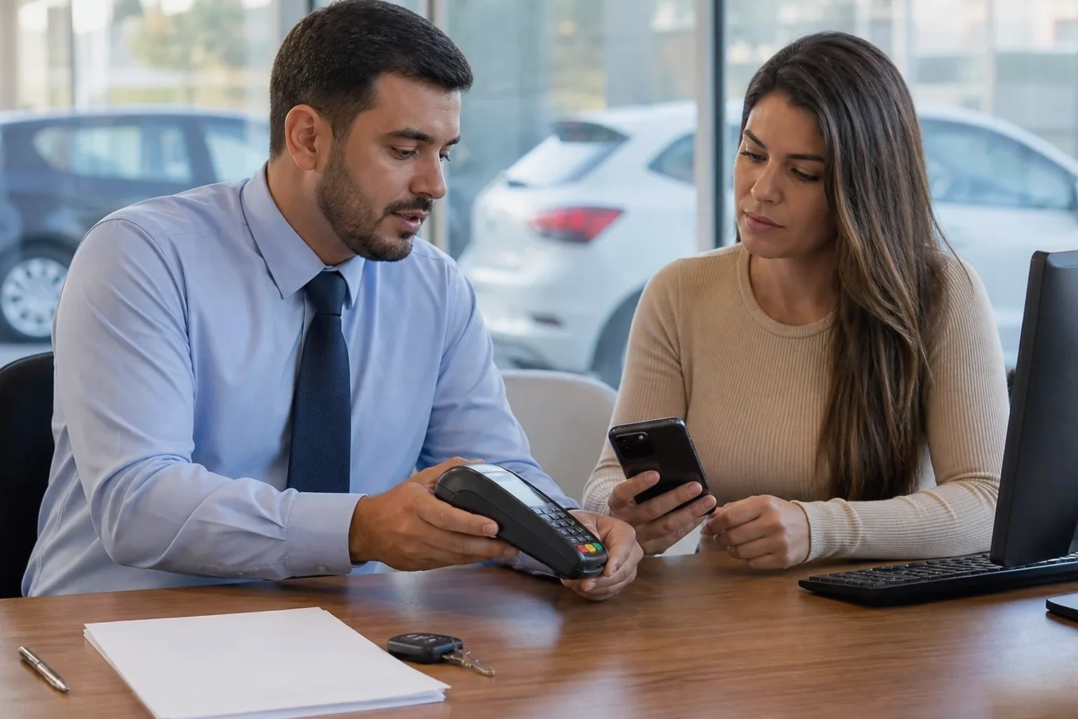 Profissional ajudando cliente a realizar pagamento de débitos.