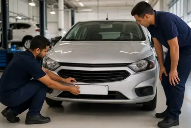 Profissional em ação realizando o primeiro emplacamento de um veículo.