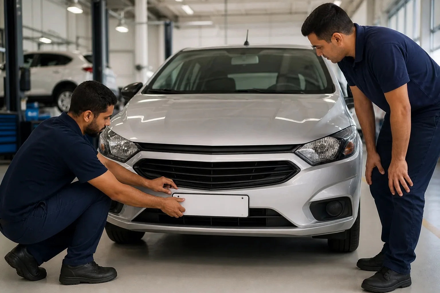 Profissional em ação realizando o primeiro emplacamento de um veículo.